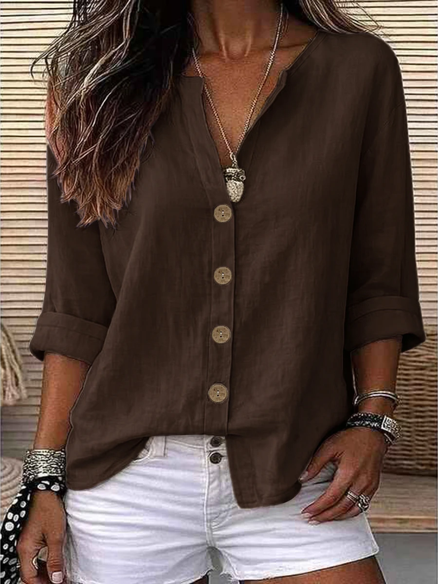 Zayélia Solid Button Front Blouse - Coffee Brown - View 1