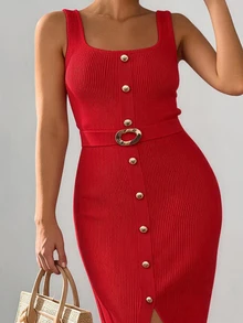 Elenzga Plus Button Front Split Hem Belted Sweater Dress Fall - Red - View 3