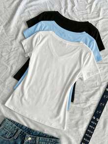 SHEIN EZwear 3 قطع تي شيرت بياقة V وأكمام قصيرة بلون موحد - متعدد الألوان - مشاهدة 2