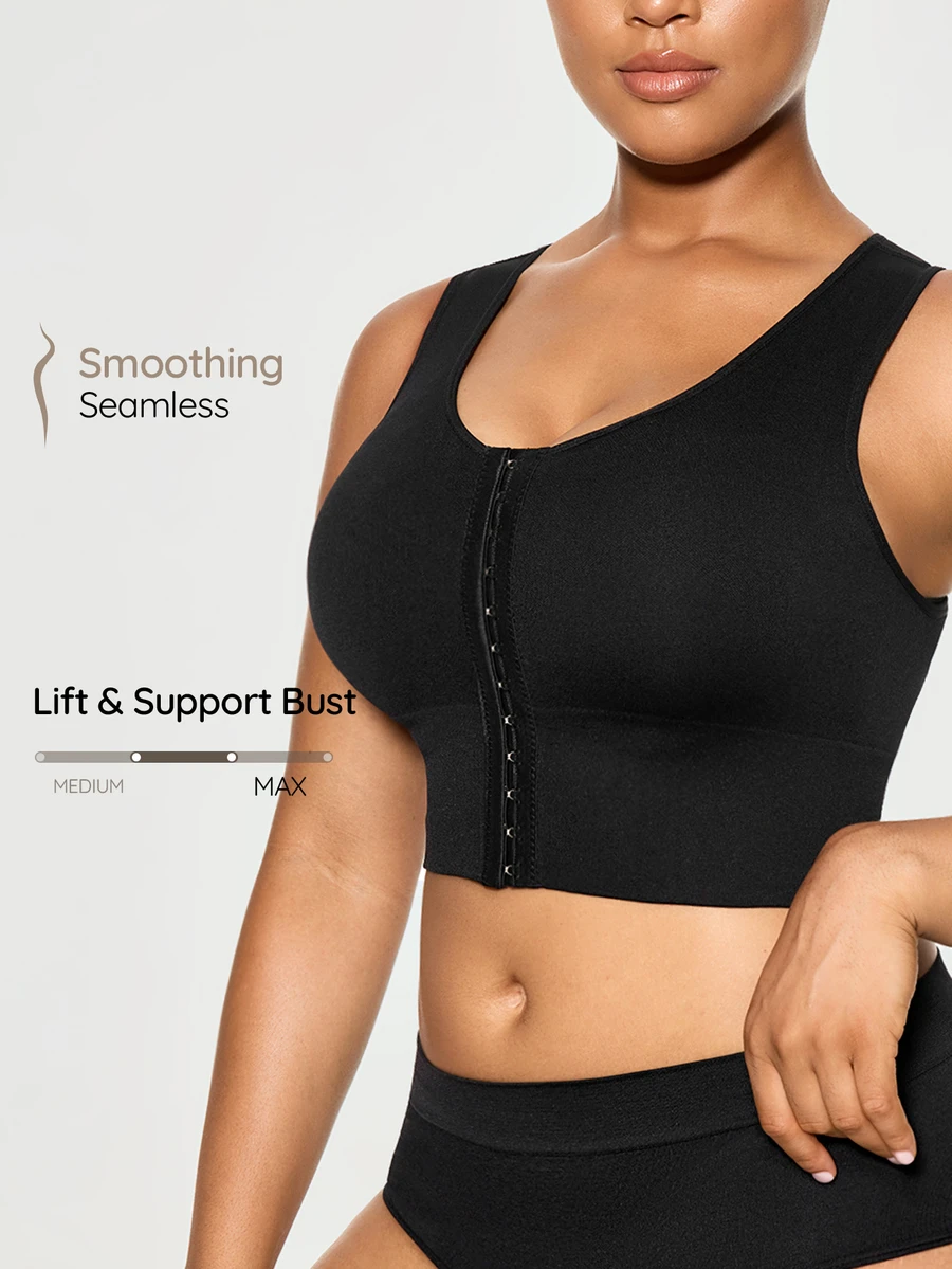 SHAPORA 1pc Plus Size Solid Color Front Button Shaping Top - Black - View 1