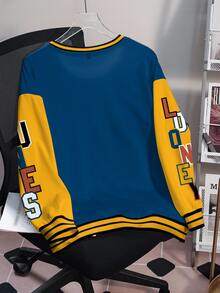 LOONEY TUNES X SHEIN Plus Cartoon & Letter Graphic Striped Trim Drop Shoulder Sweatshirt Fall - White - View 2