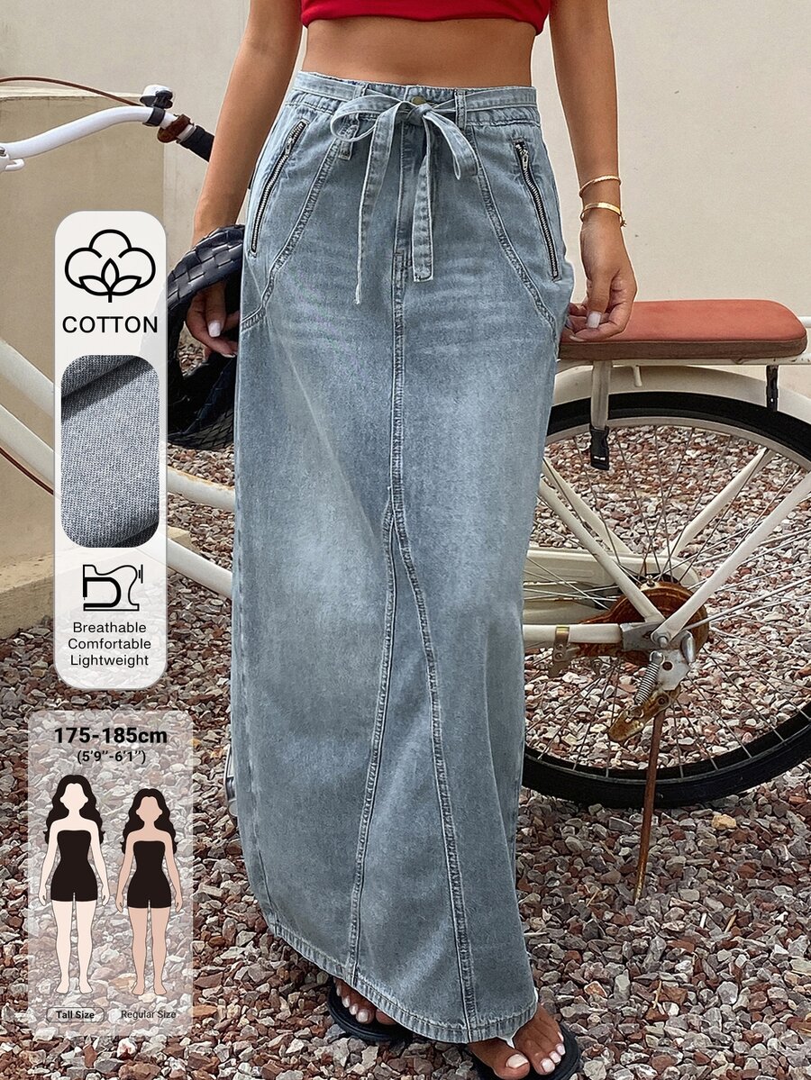 Livesso Tall Women's Tie Design Long Skirt, Vacation Style Denim Skirt Fall - Medium Wash - View 1