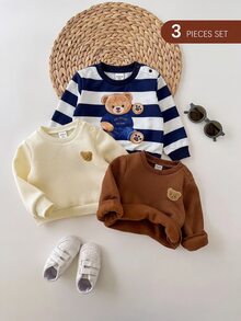 SHEIN 新生兒可愛秋冬百搭休閒針織卡通圖案條紋上衣3件套 - 彩色 - 查看 1