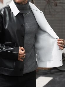 Manfinity CasualCool Jaket Kulit PU Pria dengan Kerah Kontras - Hitam - View 7