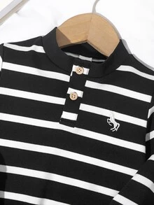 Boy's Spring Casual Striped Racing Style Black And White Color Scheme Sweatshirt And Pants Parent-Child Matching School Uniform - Black - View 7