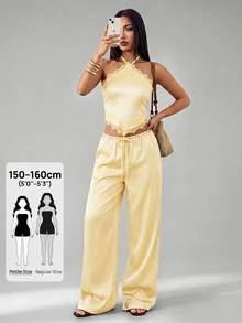 SHEIN PETITE 女款性感復古緞面對比蕾絲細肩帶上衣與低腰口袋寬腿褲套裝，夏季套裝，適合度假套裝，褲裝套裝，沙灘套裝，夏季棕色套裝，夏季夏季套裝 - 黃色 - 查看 3