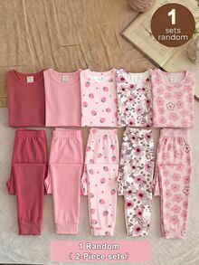 Tween Girl Random 1set Short Sleeve Sleep Top & 1pc Sleep Pants Pajamas Set - Multicolor - View 3
