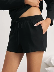 Ocili Drawstring Waist Split Hem Lounge Shorts - Black - View 5