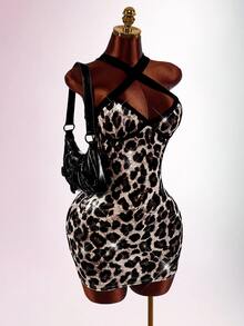 Amplova Leopard Print Crisscross Backless Bodycon Dress - Brown - View 4