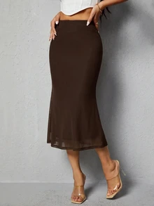 SHEIN PETITE Solid High Waist Mermaid Skirt - Brown - View 3