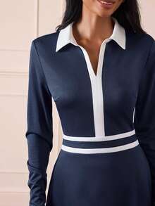 Lilora Gaun Berkerah V dengan Trim Kontras dan Sabuk - Navy Blue - View 7