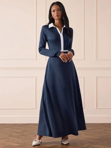 Lilora Gaun Berkerah V dengan Trim Kontras dan Sabuk - Navy Blue - View 4