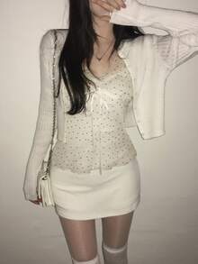 DAZY 波點蝴蝶結前襟透視細肩帶背心上衣 - 杏色 - 查看 4
