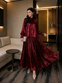 SHEIN Lady Plus Size Elegant Party Top & Skirt 2 Pieces Set - Burgundy - View 6