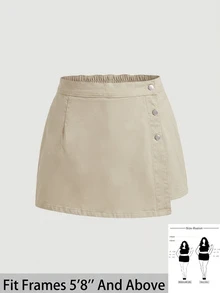 SHEIN Tall CURVE 女款大尺碼不對稱下擺休閒牛仔裙褲 - 卡其色 - 查看 1