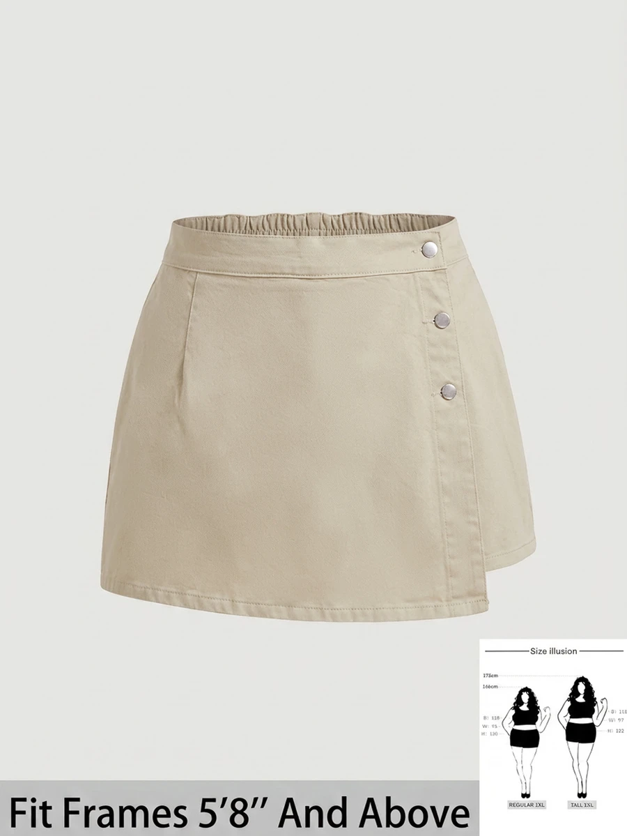 SHEIN Tall CURVE 女款大尺碼不對稱下擺休閒牛仔裙褲 - 卡其色 - 查看 1