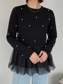 FRIFUL Pearls Beaded Mesh Peplum Hem Tee - Black - View 7