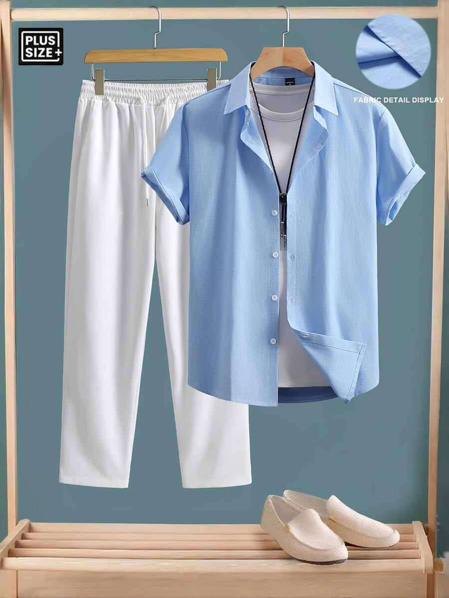Manfinity Homme Men Plus Size Shirt & Pants Sets, Formal, Old Money - Blue - View 1