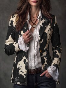 Solivie Graphic Print Single Button Blazer - Black - View 5