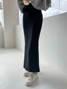 Dazy Tall Solid Mermaid Hem Knit Skirt Fall - Black - View 5