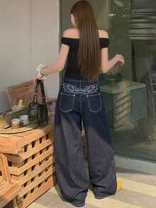 DAZY 1 chiếc quần jean ống rộng cạp cao - Màu xanh lam - Xem 7