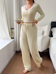 Napfluff Women's Slim Fit Ribbed & Lace Long Sleeve Pajama Set With Long Pants - Yellow - View 6