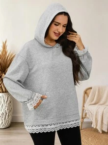 EMERY ROSE Plus Size Women's Contrast Lace Cuff Loose Casual Hooded Sweatshirt - Grey - View 6