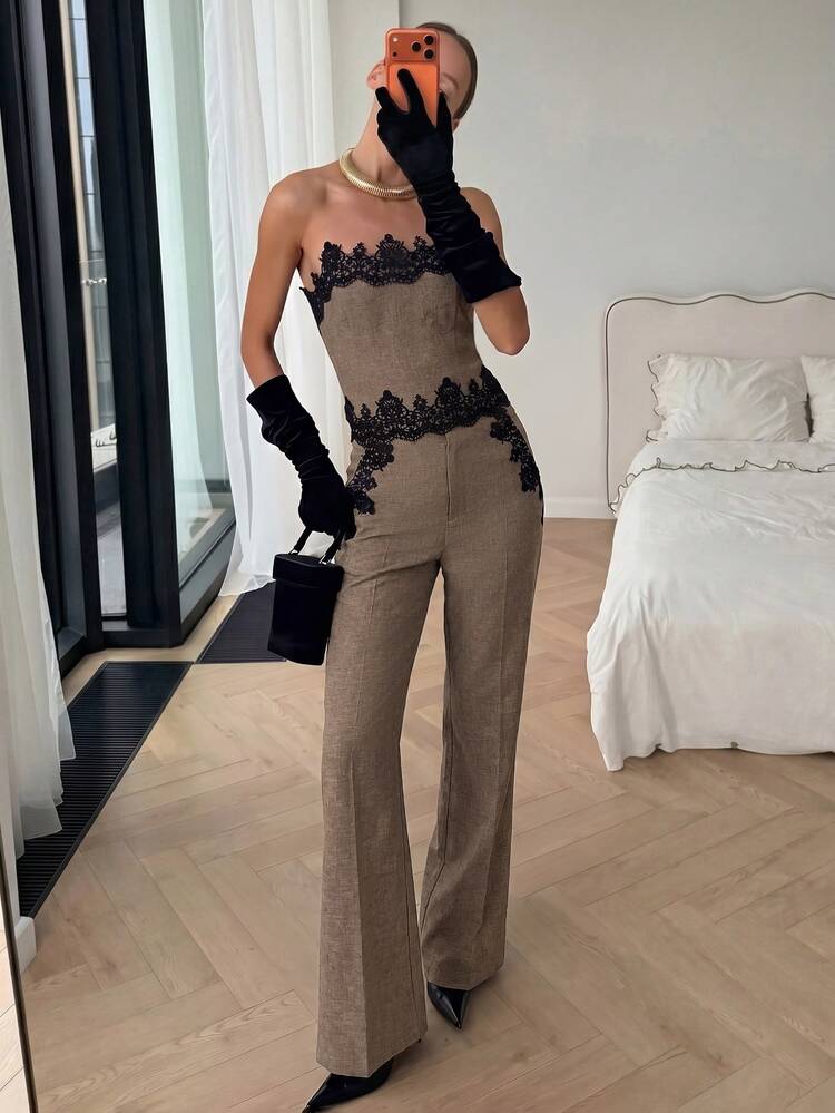 Firerie Women's New Floral Gray Lace Patchwork Bandeau Top And Mid-Waist Long Pants Set, Long Pants Set, Lace Patchwork Bandeau Top Set - Brown - View 5