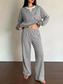 DAZY Colorblock 2 In 1 Drop Shoulder PJ Set Fall - Grey - View 6