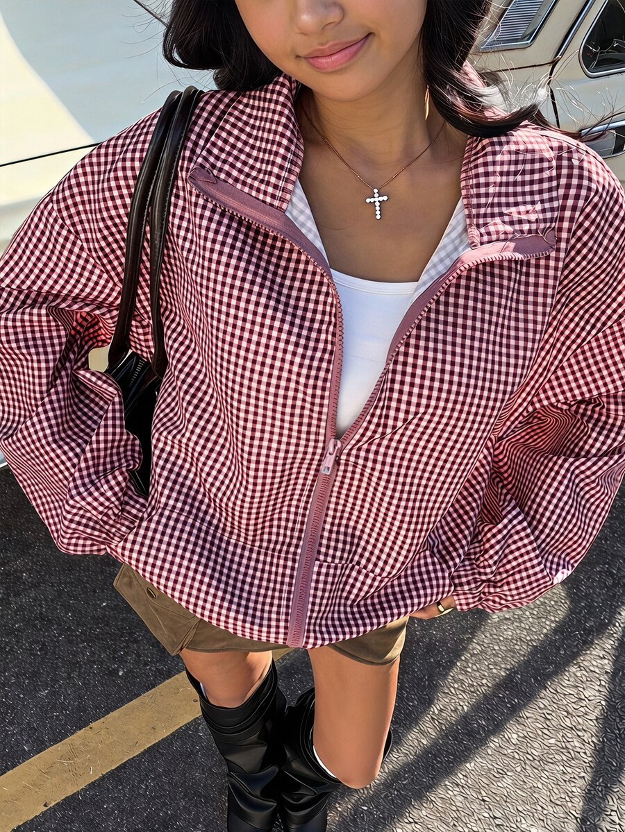 SHEIN 青少年女孩格紋印花落肩夾克 - 紅色 - 查看 1