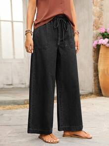 SHEIN PETITE Jeans de pierna ancha con cintura de cordón - Negro - Ver 3