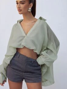 Hauture Sheer Striped Balloon Sleeve Crop Shirt - Dark Green - View 5