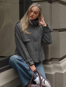 Aloruh 女款高街休閒寬鬆千鳥格格紋夾克 - 黑色 - 查看 5