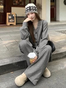 DAZY Women's Casual Cardigan Crop Top And Wide Leg Pants 2 Pieces Set Cute Tops - Grey - View 3