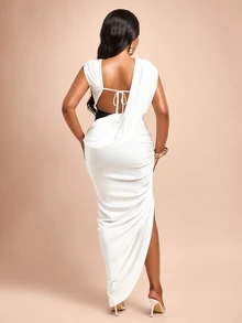 Brilight Two Tone Ruched Split Thigh Maxi Dress - Black - View 2