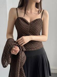 DAZY Top de tirantes liso & Top de punto abierto - Café integral - Ver 3