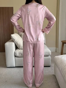DAZY Floral Print Contrast Lace PJ Set - Dusty Purple - View 2