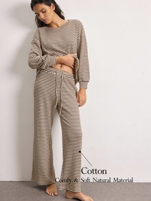 Ocili Striped Drop Shoulder Lounge Set - Khaki - View 1