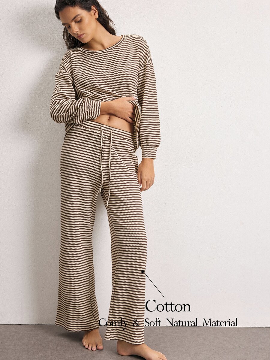 Ocili Striped Drop Shoulder Lounge Set - Khaki - View 1
