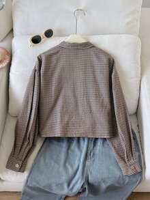 SHEIN 青少年女孩格紋印花拉鍊夾克 - 棕色 - 查看 3
