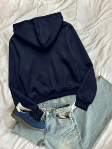 IslaSuriya Sweatshirt Termal Berkerudung dengan Resleting dan Tali Serut Bergambar Huruf - Navy Blue - View 2