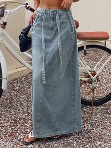 Livesso Tall Women's Tie Design Long Skirt, Vacation Style Denim Skirt Fall - Medium Wash - View 3