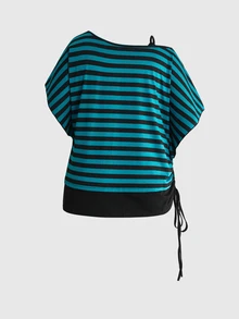 ROMWE Grunge Punk Camiseta 2 en 1 con cordón lateral y rayas de contraste para tallas grandes - Multicolor - Ver 2