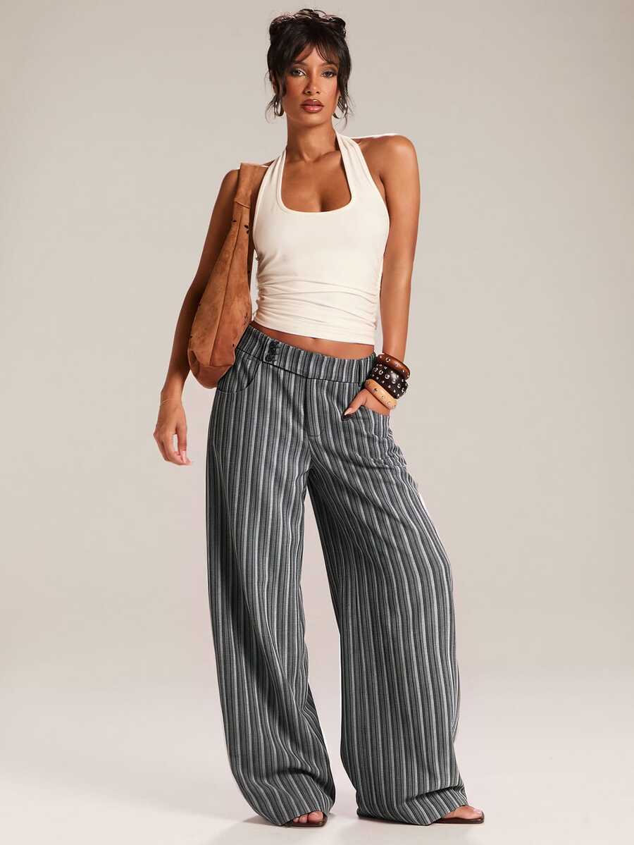 SHEIN BAE Fall& Winter Striped Print Wide Leg Pants Elegant - Multicolor - View 1