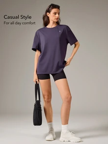 OutZeal Women Sports Tee Solid Color Casual Gym Workout Soft Stretchy Relax Fit Short Sleeve T-Shirt Summer Spring - Purple - View 2