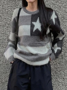 DAZY Star Pattern Drop Shoulder Oversized Sweater - Grey - View 5