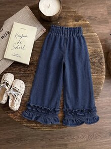 SHEIN Jeans de pierna ancha con volantes para niñas - Azul lavado oscuro - Ver 2