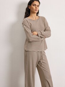 Ocili Striped Drop Shoulder Lounge Set - Khaki - View 6