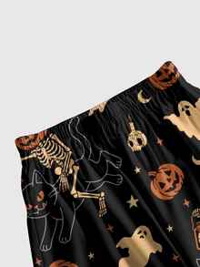 ROMWE Goth Halloween Print Wide Leg Pants - Black - View 3