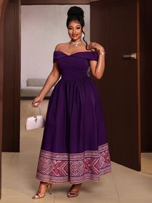 Maweii Gaun dengan Detail Lipatan dan Bahu Terbuka Ukuran Plus - Purple - View 6